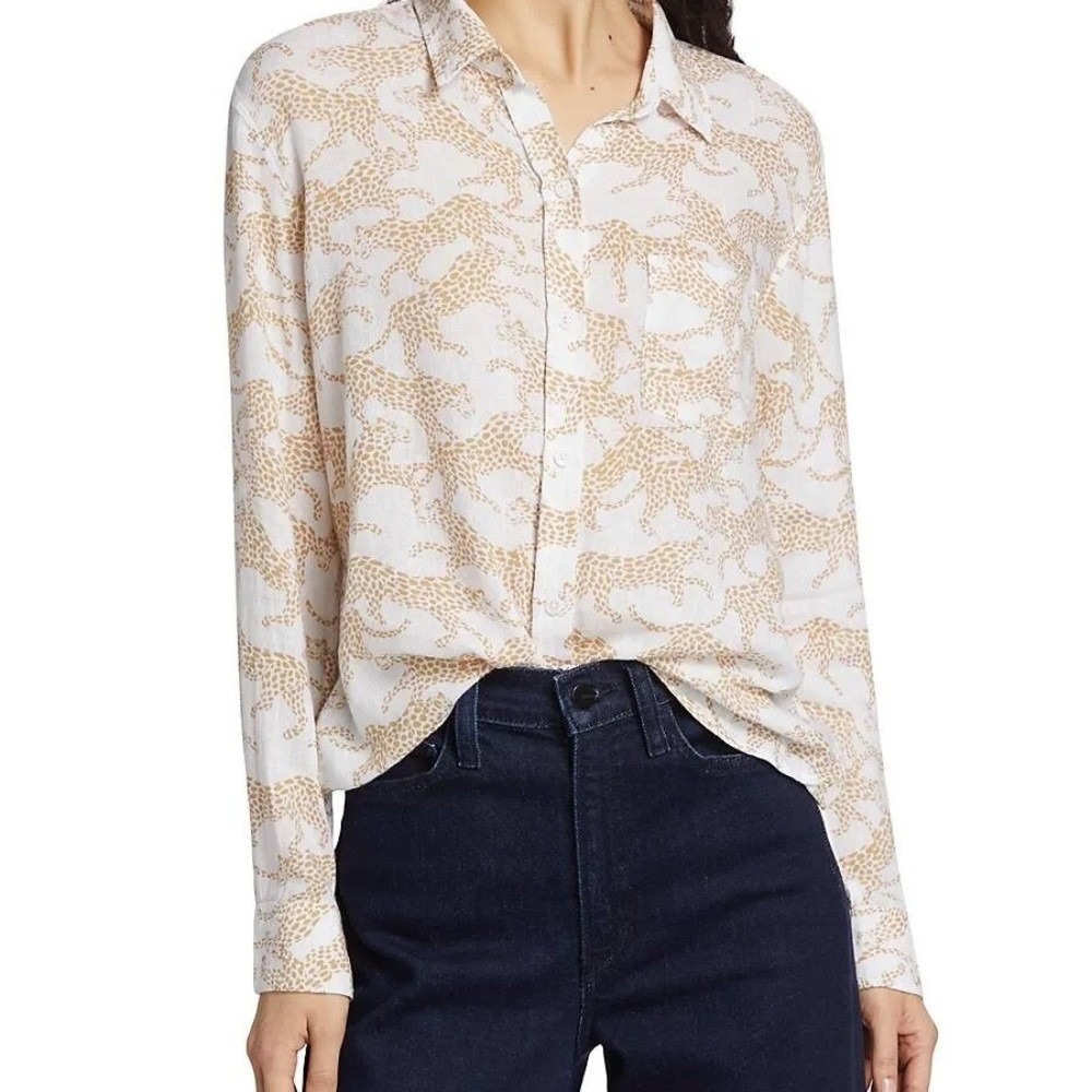 Rails Charli Button Cheetah Shirt M Linen Blend